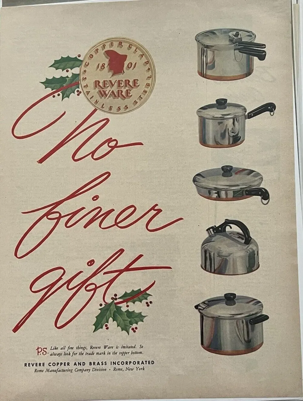 Vtg 1950s Revere Ware Copper Clad Cookware Print Ad Rome NY MCM Kitchen Pans